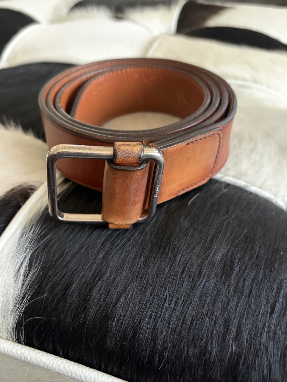 Berluti Men's Tan Leather Belt with Square Silver Buckle Sz 42 Made in Italy
